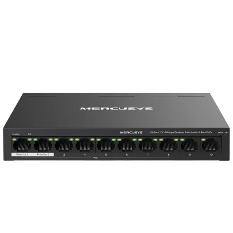 Комутатор Mercusys MS110P 10xFE (8xPoE), 65Вт